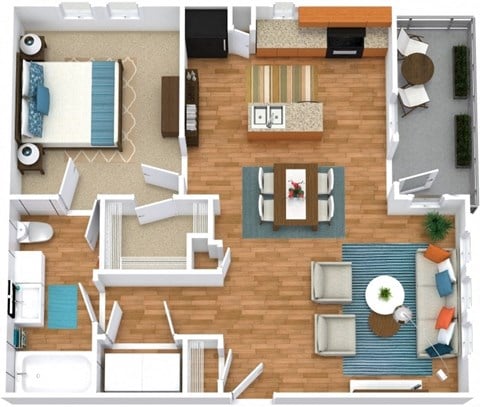Floor plan for 1 bed, 1 bath, 728 sqft